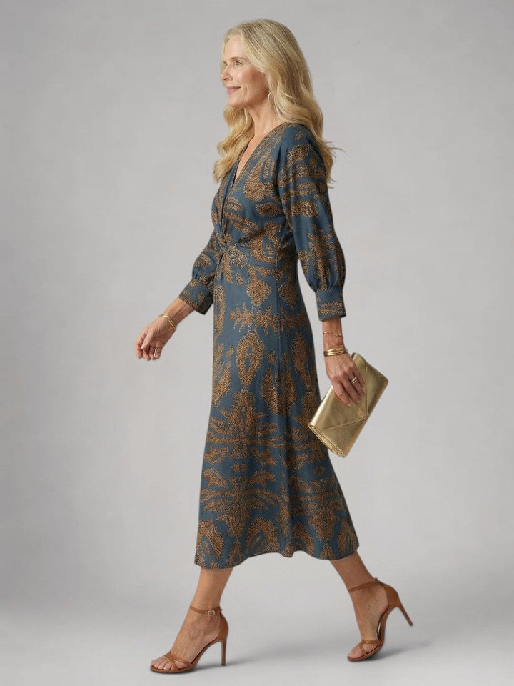 Sylviane — Robe midi drapée à manches longues