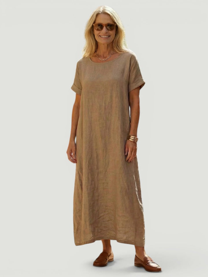 Soline — Robe longue droite à encolure ronde, coloris Taupe