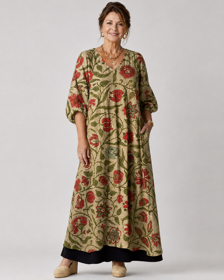 Renée — Robe longue à fleurs sur fond kaki, coloris Kaki fleuri