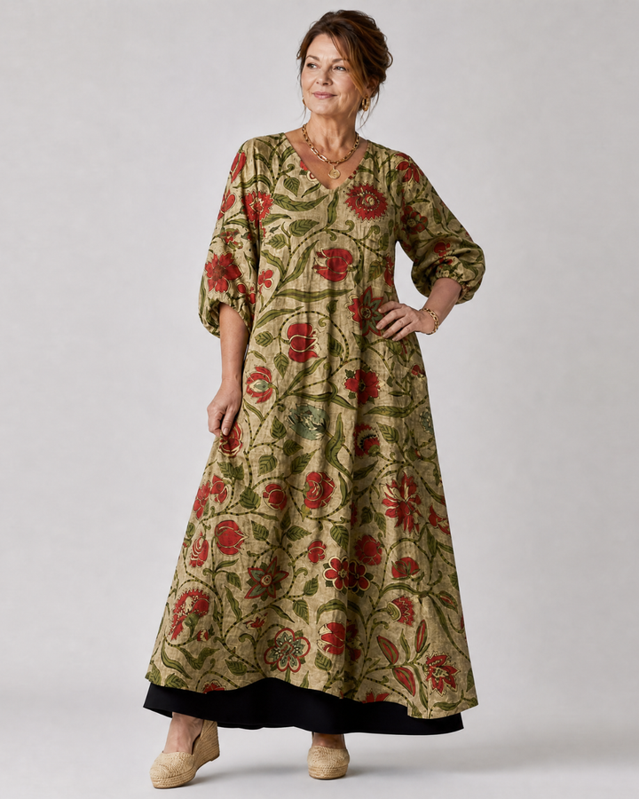 Renée — Robe longue à fleurs sur fond kaki