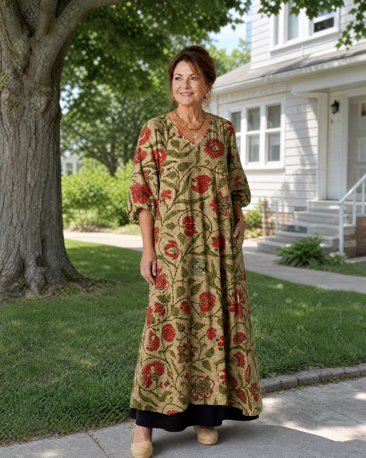 Renée — Robe longue à fleurs sur fond kaki