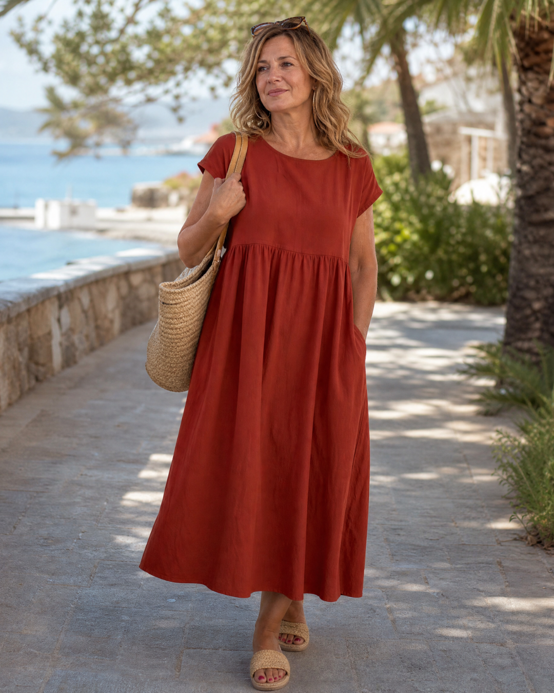Lauriane — Robe longue à taille froncée et poches, coloris Terracotta